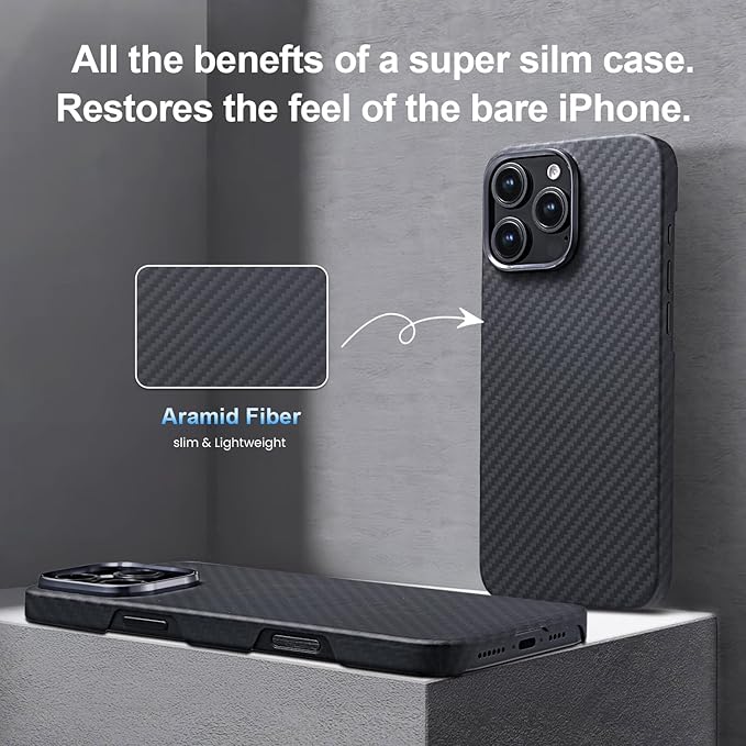 Aramid Fiber Case for iPhone 16 Pro Max, Compatible with Magnet, Slim & Light, Case-Less Touch Feeling, Black/Grey (Twill)