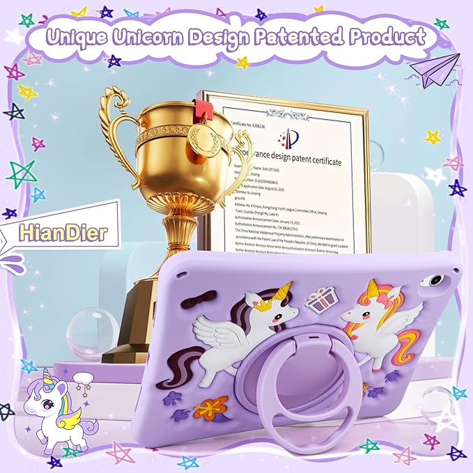 HianDier for iPad A16 Case 11th 2025 iPad 10th Generation Case for Kids Cute Unicorn Silicone Tablet Cover with Detachable Strap and Rotatable Stand Shockproof Cover for iPad 11inch 10.9inch-Purple