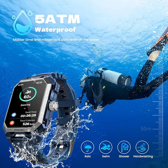 Indestructible Smart Watch for Men Android iOS Phones (Answer/Make Call) 680mAh IP69 Waterproof Military Rugged Tactical Smartwatch Fitness Tracker Watch With Heart Rate Blood Pressure Sleep Monitor