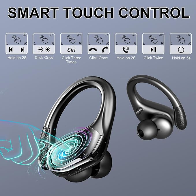 Wireless Earbuds, Sport Bluetooth 5.4 Headphones 2025 New Bluetooth Earbuds with 75Hrs Stereo, 4 ENC Mic, Noise Canceling Over-Ear Buds with Earhooks, IP7 Waterproof Earphones for Workout/Running/Gym