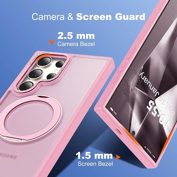 Compatible with Samsung Galaxy S24 Ultra Case with 360Rotatable Magnetic Ring Stand Compatible with Mag-Safe Military Protection Matte Translucent Phone Cases for S24 Ultra 6.8",Pink