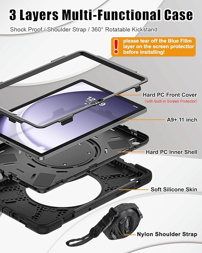 BRAECN Case for Samsung Galaxy Tab A9+ Plus 11 Inch 2023 SM-X210/X216/X218, Heavy Duty Drop-Proof Case with Screen Protector, Shoulder Strap, Stable Kickstand for Galaxy Tab A9+/A9 Plus 11'', Black