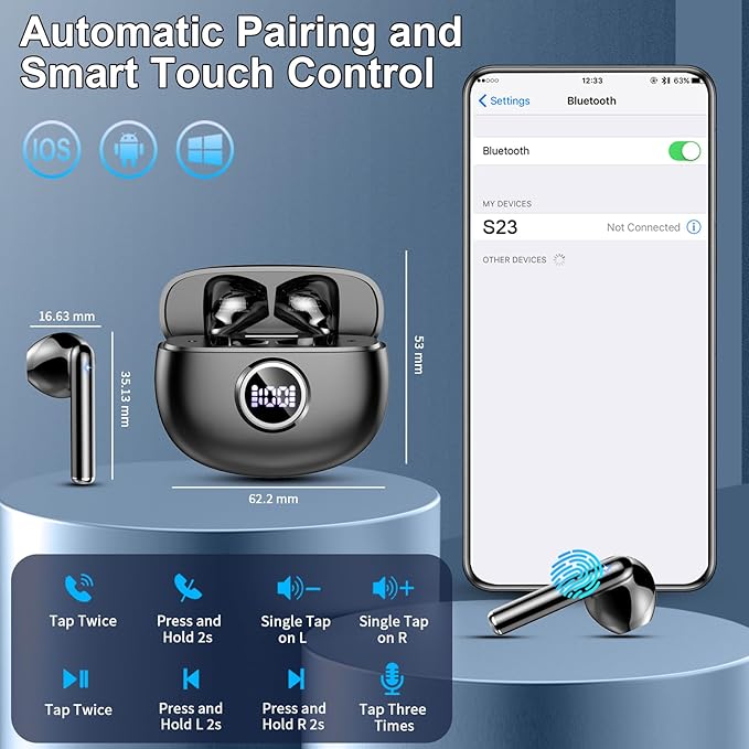 Wireless Earbuds, 2025 Bluetooth 5.3 Headphones HiFi Stereo Ear buds with ENC Noise Cancelling Mics, 40H Bluetooth Earbuds with Dual LED Display, IP7 Waterproof in Ear Earphones for Android iOS, Black