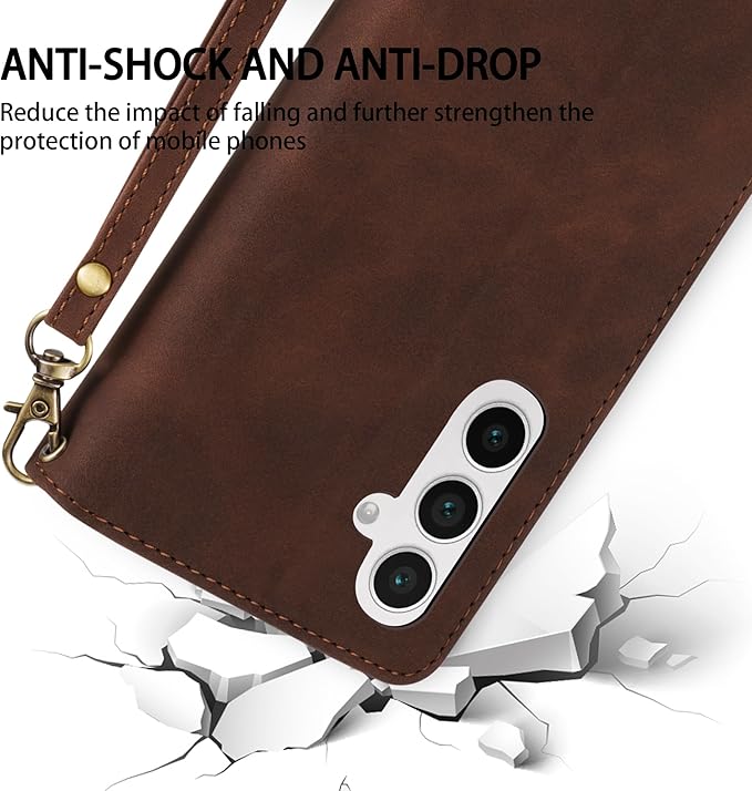 ZZXX for Samsung Galaxy S24 FE Wallet Case with RFID Blocking Card Slot PU Leather Zipper Flip Folio with Strap Kickstand Protective Cover for Samsung Galaxy S24 FE Case Wallet(Coffee-6.7 inch)