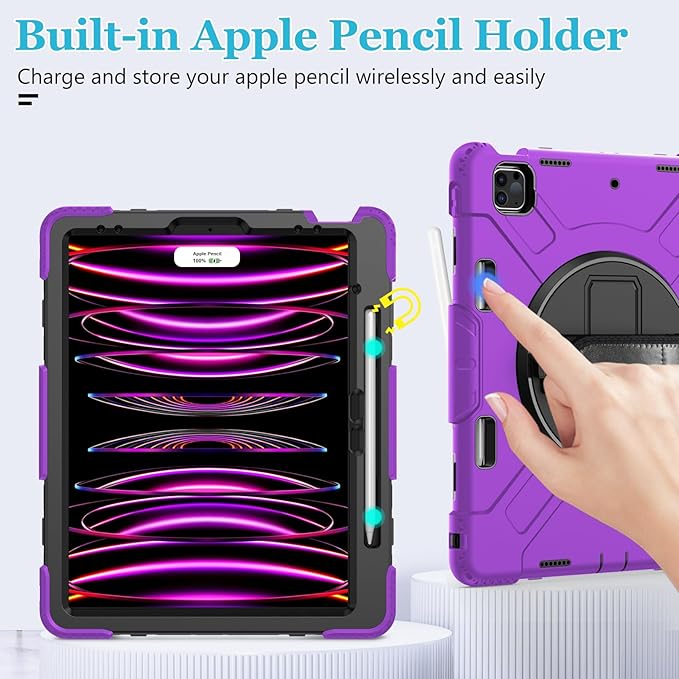 Case for iPad Pro 12.9 2022/2021/ 2020/2018: Cover for iPad Pro 12.9 6th/ 5th/ 4th/ 3rd Generation with Screen Protector- Stand- Pencil Holder- Handle- Shoulder Strap Purple