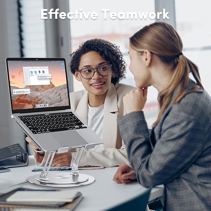 Lifelong Adjustable Laptop Stand with 360° Rotating Base, Ergonomic Computer Stand for Desk, Foldable & Portable Laptop Riser Holder Fits All MacBook, Laptops 10-16 Inches, Silver