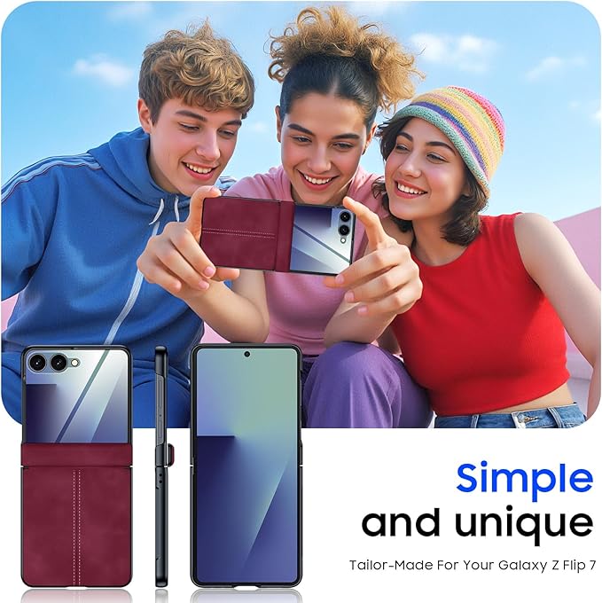 for Samsung Galaxy Z Flip 7 Case with Hinge Protection & Built-in Screen Protector, Ultra Thin Stylish Leather Matte PC Durable Shockproof Cover Phone Case for Galaxy Z Flip 7-Red