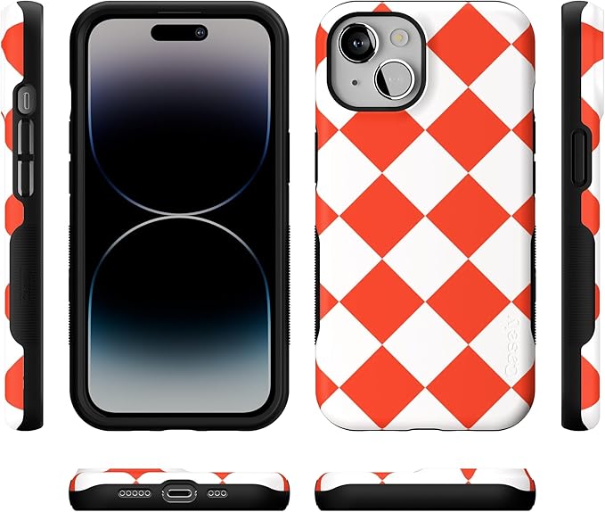 Casely iPhone 14 Case | Red Checkerboard | High Contrast Design | Compatible with MagSafe | Bold Protective Design