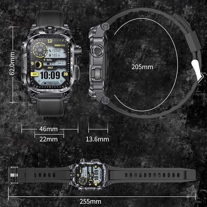 Tough Smart Watch for Working Men with Flashlight, 2.01" HD Ultra Large Rugged Smartwatch Bluetooth Call/Heart Rate/Sleep Monitor Hiking Camping Fitness Track Watches