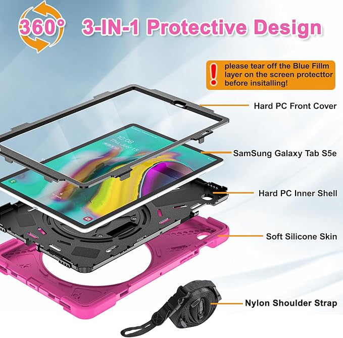 BRAECNstock for Samsung Galaxy Tab S5e Case 10.5 inch 2019 (SM-T720/T725/T727) Shockproof Protective Galaxy Tab S5e Kids Cover with Screen Protector Rotating Stand & Hand Strap Pen Holder - Rose Red