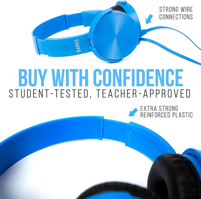 Barks Classroom Headphones with Microphone (12 Pack, Blue) - Upgraded On-Ear Bulk Headphones for Classroom: Best for Students K-12 Schools (Inline Microphone, Good Recording Quality, Durable)