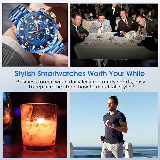 Stainless Steel Smartwatch - Metal Design Mens Smart Watches with 1.53" HD Screen, Fitness Tracker, Sleep Monitor, Steel&Silicone Bands (Blue)