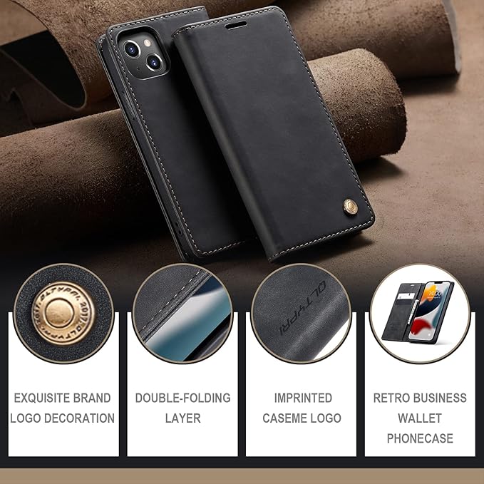 QLTYPRI Case for iPhone 14, Vintage PU Leather Wallet Case Card Slot Kickstand Magnetic Closure Shockproof Flip Folio Book Case Cover for iPhone 14(6.1 inch) - Black