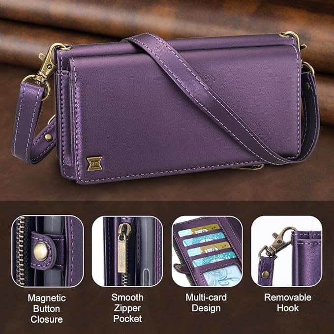 for iPhone 17 Pro Wallet Phone Case with 7 Card Holder,RFID Blocking | PU Leather | Kickstand | Flip | Wrist Strap&Shoulder Strap | Shockproof | Zipper Wallet | Women Men | 6.3" | Purple