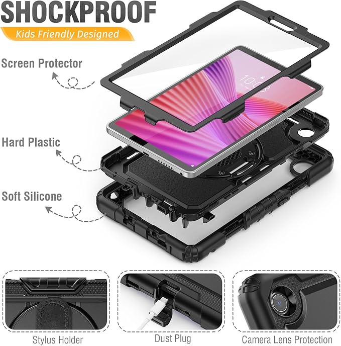 HXCASEAC Case for Lenovo Tab One/Tab K9 2025 (TB-305FU) 8.7 inch, with Screen Protector/Rotating Hand Strap/Sturdy Stand, Protective Cover for Lenovo one Tablet - Black