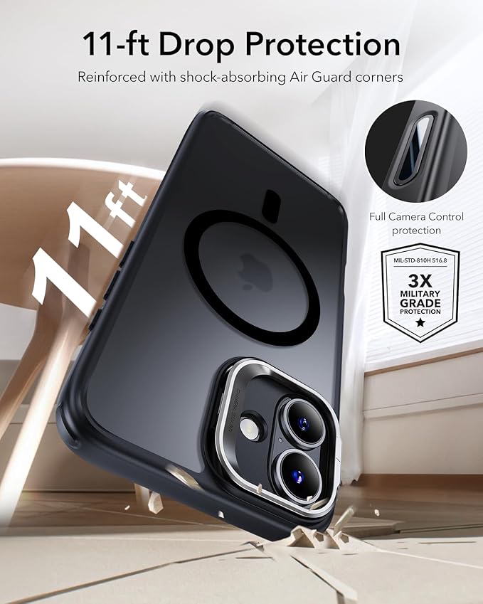 ESR for iPhone 16 Plus Case,Camera Control Button Compatible with MagSafe, Military-Grade Protective Case, Built-in Stash Stand Phone Case, Scratch-Resistant Back Cover, Classic Series, Frosted Black