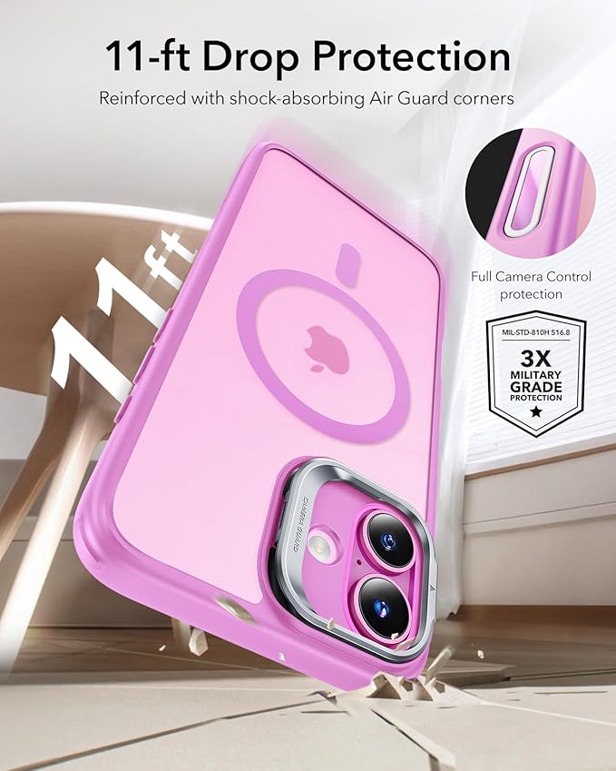 ESR for iPhone 16 Case, Camera Control Button Compatible with MagSafe, Military-Grade Protective Case, Built-in Stash Stand Phone Case, Scratch-Resistant Back Cover, Classic Series, Frosted Pink