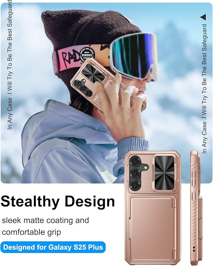 for Samsung Galaxy S25+ Plus Phone Case Wallet, Card Holder (4-5 Cards), RFID Block, Slide Camera Cover, Military Drop, Rugged Heavy Duty Men Women Cases for Samsung Galaxy S25+ Plus, Rose Gold