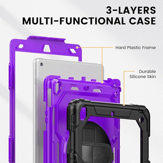 Timecity Case for iPad 9th/ 8th/ 7th Generation 10.2 inch - Heavy Duty Protective Cover with Screen Protector, Rotating Stand, Shoulder Strap & Pencil Holder | Kids-Friendly (Purple)