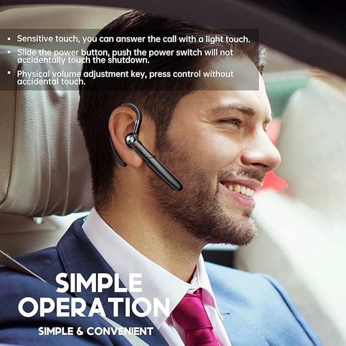 Single-Ear Bluetooth Earpiece with Noise Cancelling – Wireless Hands-Free Headset for iPhone & Cell Phones, Built-in Mic, 10Hrs Battery Life