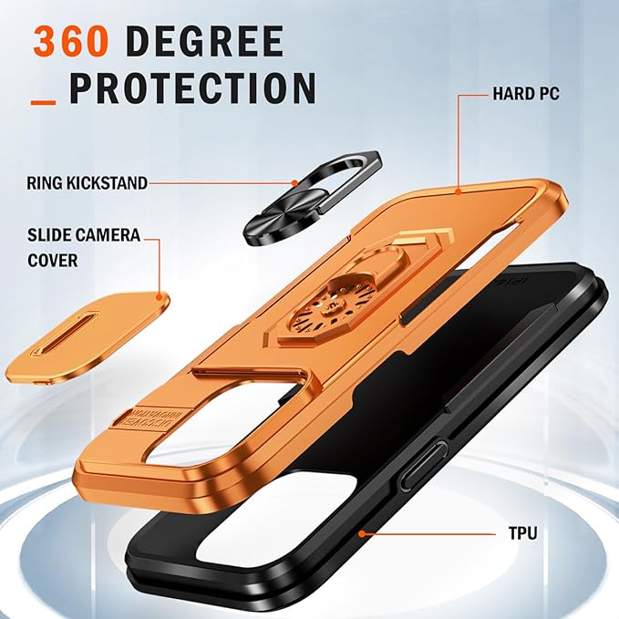 Phone Case for iPhone 14 Pro Max Case iPhone 14 Pro Max Phone Case with Camera Lens Cover, with Ring Holder Kickstand, fit Magnetic Car Mount, for iPhone 14 Pro Max - Orange