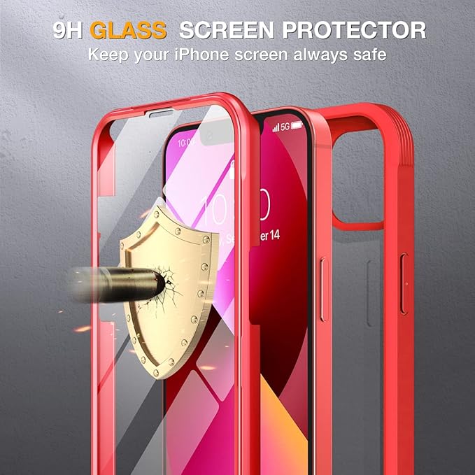 Miracase Glass iPhone 13 Mini Case 5.4 inch, 2023 Upgrade Full-Body Clear Bumper Case with Built-in 9H Tempered Glass Screen Protector for iPhone 13 Mini, Red