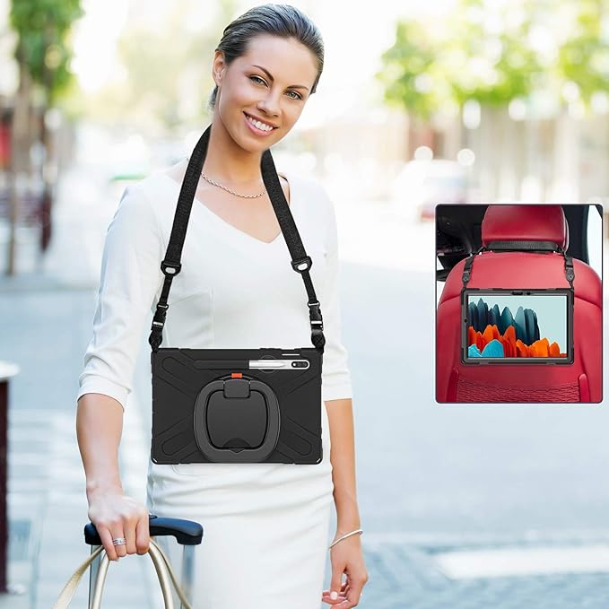 360 Rotation Portable Case for Galaxy Tab S8 11" / Galaxy Tab S7 11 inch Case with S Pen Holder Rugged Case Rotating Stand Hand Strap Shoulder Carrying Strap Outdoor Cover (Black)