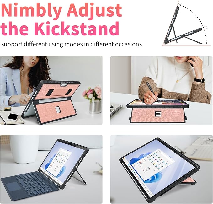 Case fit Microsoft Surface Pro 11/10 /9/8 13-Inch, with Stent Cover, Hand Strap, All-in-one Rugged Case Compatible with Type Cover Keyboards,Coupled Pink