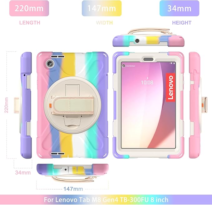 TSQQST for Lenovo Tab M8 Case 4th Gen (TB-300FU/TB301XU) 2023 2024 for Kids Girls | Flexible Silicone TPU Shockproof Anti-Scratch Cute Case with Stand&Hand Strap for Lenovo M8 Tablet | Colorful Pink