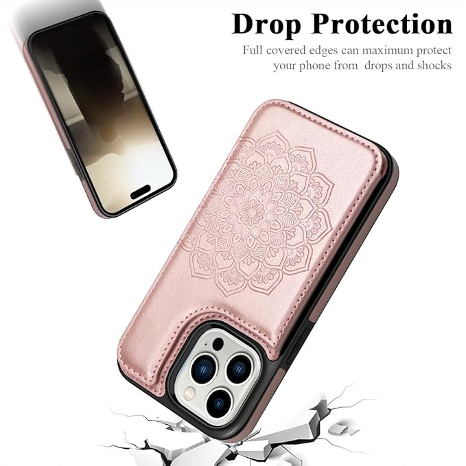 MMHUO for iPhone 15 Pro Case with Card Holder,Flower Magnetic Buttons Protective Wallet Case for Women for iPhone 15 Pro,Rose Gold