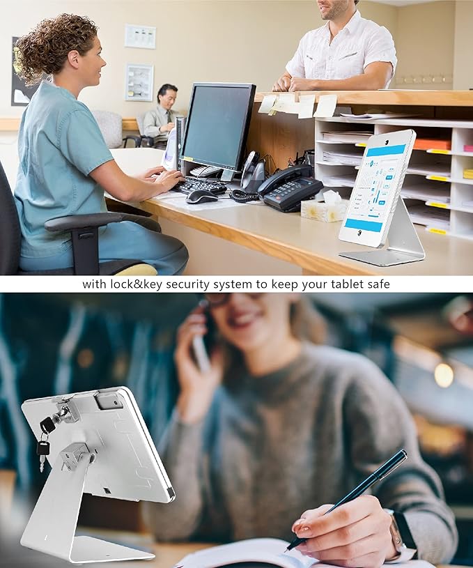 Desktop Anti-Theft Security Kiosk Stand Holder Enclosure for iPad 10.2-Inch (9th Gen.2021,8th Gen.2020,7th Gen.2019),with Lock & Key,Flip & 360°Rotating Horizontal or Vertical Design(Silver)