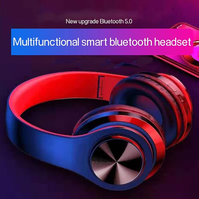 Wireless Bluetooth Headphones with Colorful LED Lights, Built-in Mic, Light Weight, Foldable, Wired HiFi Stereo Headphones for Classroom/Home Office/PC/Mobile Phone/Kids Adult (Black Red)