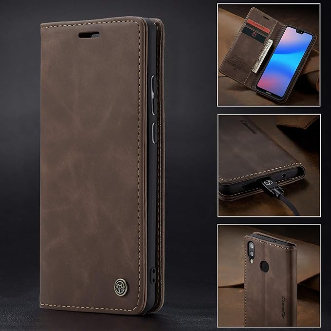 for Huawei P20 Lite Case, Flip Wallet Leather Case with Card Holder Magnetic Closure Shockproof Kickstand Protective Phone Cases Cover for Huawei P20 Lite,Coffee