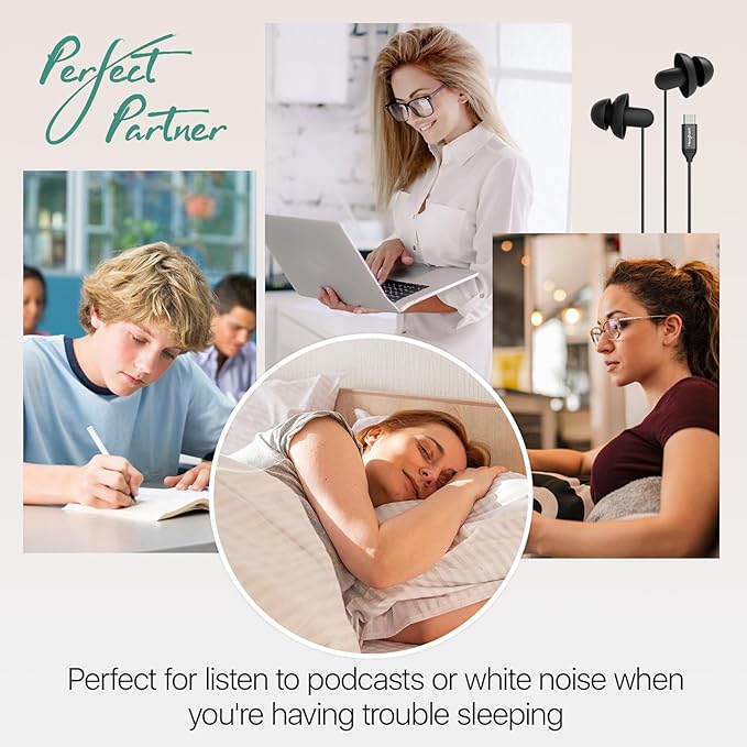 Hearprotek Sleep Earbuds, USB C Earphones Headphones with Microphone-Silicone Noise Isolation Type C Earbuds Sleep Buds for Android Phone, Ideal for Sleeping, snoring, Relaxation, Air Travel (Black)