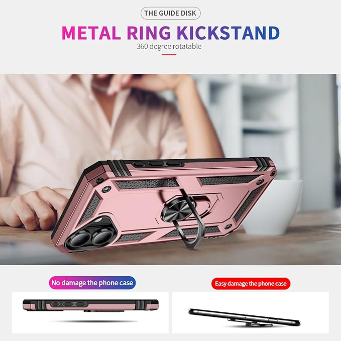 ADDIT Compatible with iPhone 17 Case with Tempered Glass Screen Protector, Adjustable Kickstand Ring, Military-Grade Heavy Duty Protection, Shockproof, Anti-Fingerprint,Rose Gold