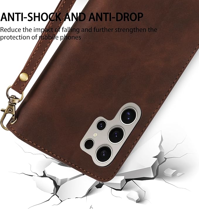 ZZXX for Samsung Galaxy S24 Ultra Wallet Case with RFID Blocking Card Slot PU Leather Zipper Flip Folio with Strap Kickstand Protective Cover for Samsung Galaxy S24 Ultra Case Wallet(Coffee-6.8 inch)