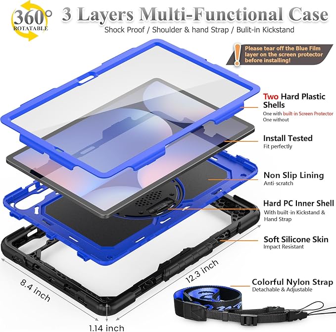 SEYMAC Stock Case for Samsung Galaxy Tab S10 Plus/S9 Plus 5G Tablet 12.4'' with Screen Protector & Pencil Holder, 360 Rotating Hand Strap & Stand, Drop-Proof, Blue