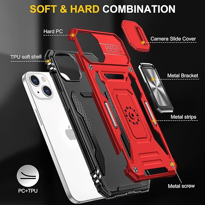 Phone Case for iPhone 14 Plus Case with Finger Ring Holder Stand, with Slide Camera Cover, fit Magnetic Car Mount, for iPhone 14 Plus (Red)