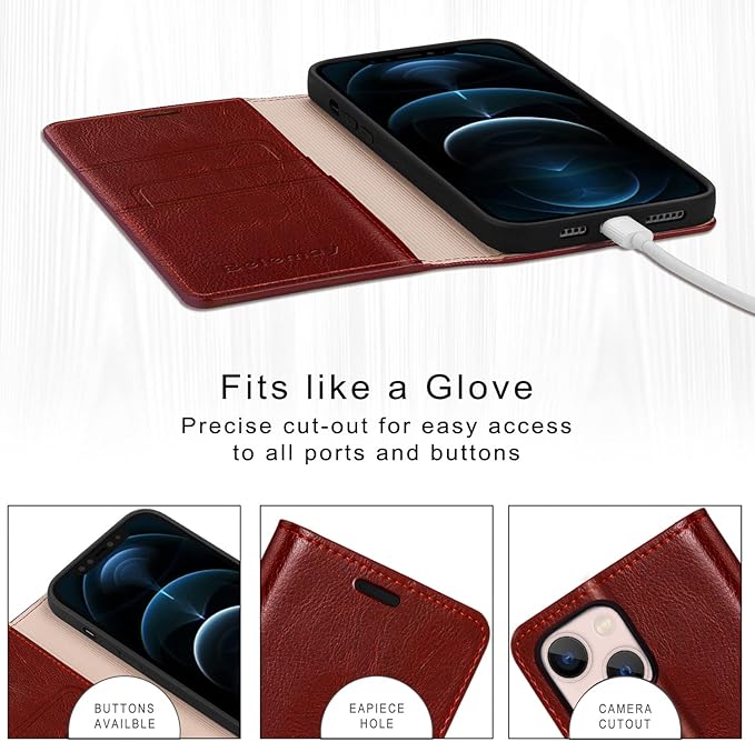 Belemay Compatible with iPhone 14 Plus Wallet Case-Genuine Leather Flip Phone Case-RFID Blocking Card Holders-Shockproof TPU Shell Folio Cover Women Men Compatible with iPhone 14 Plus (6.7") Burgundy