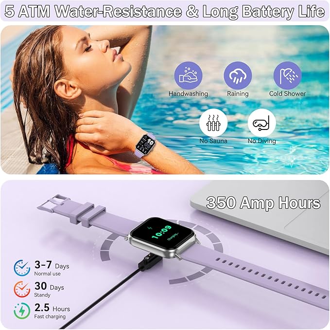 Smart Watch for Men Women, 1.83" HD Touchsreen, Bluetooth Calling, 5 ATM Water-Resistance, 130+ Sports Modes, Health, Fitness & Sleep Tracker, Timer, Fitness Watch for Android/iOS (Purple)