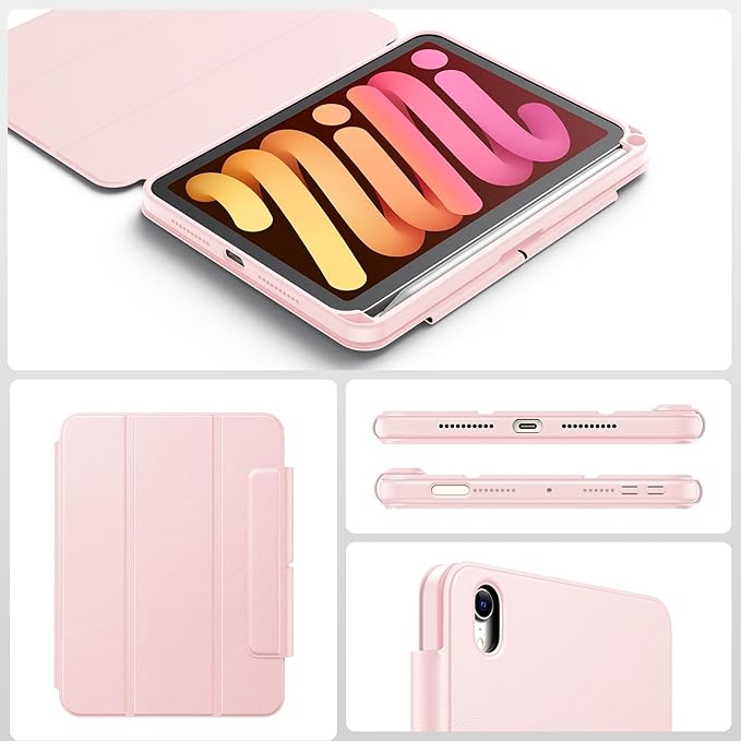 SPARIN Case for iPad mini 7 A17 Pro 2024/iPad Mini 6 2021 8.3 Inch, Detachable Magnetic Cover, Portrait/Landscape Stand with Pencil Holder, Support Auto Wake/Sleep (Pink)