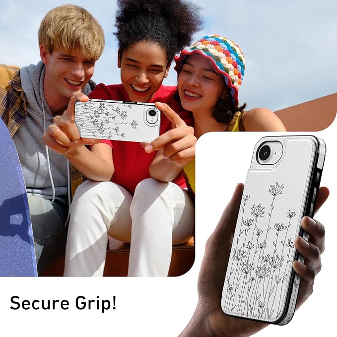 FUNMIKO for iPhone 16e Wallet Case with Card Holder, RFID-Blocking, Military-Grade Protection & UV-Printed Artwork, Magnetic Closure with Leather Kickstand - Elegantly Sketched Flower