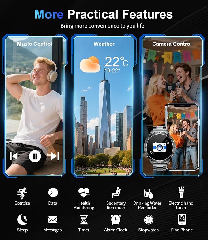 Smart Watches for Men Answer/Make Call, 1.62" AMOLED/730mAh Battery/LED Flashlight Military Smartwatch, 110+ Sports Modes IP68 Waterproof Fitness Tracker for Android iOS Black