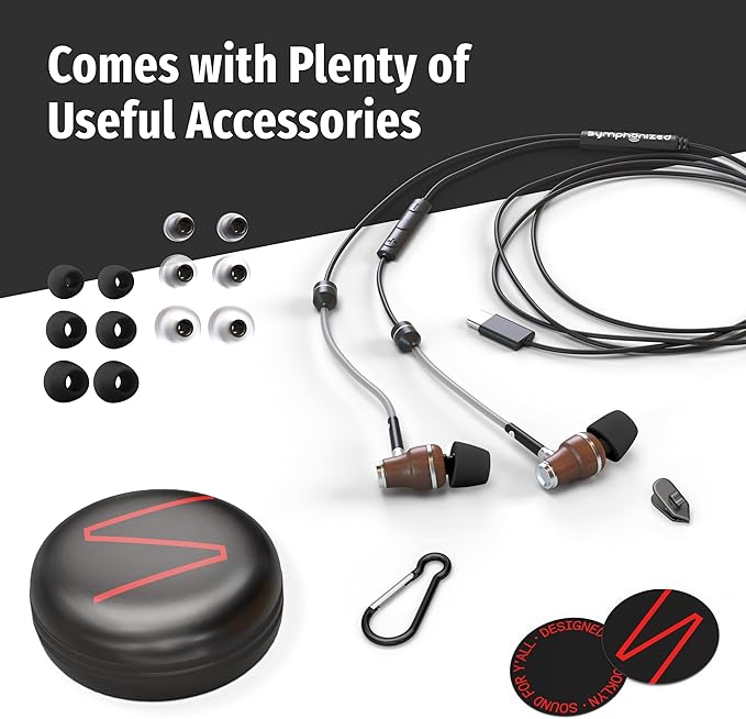 Symphonized Premium Wooden Airtube Headphones EMF Earbuds, 3D Sound, Microphone Volume Control, 8mm Bass Drivers Granting High Audio Quality for USB C Android Devices and iPhone 15 and Up ONLY
