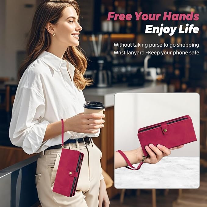 TwoHead for Samsung Galaxy S23 Plus Wallet Case with Card Holder,Detachable Magnetic Phone Case for Galaxy S23 Plus,PU Leather All-Round Protective Phone Cover Wallet with Strap(6.6 in,Wine Red)