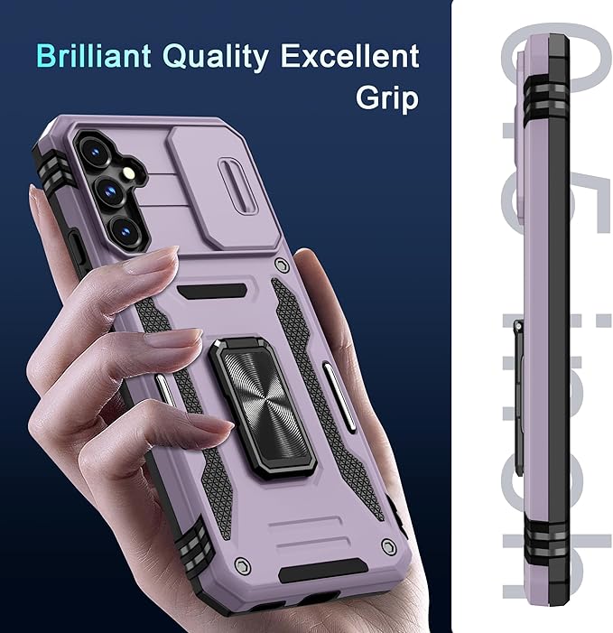 DEERLAMN Case for Samsung Galaxy S23 FE 6.4-Inch with Slide Camera Cover+Screen Protector(1 Pack),Rotated Ring Kickstand Military Grade Shockproof Protective Cover-Deep Purple