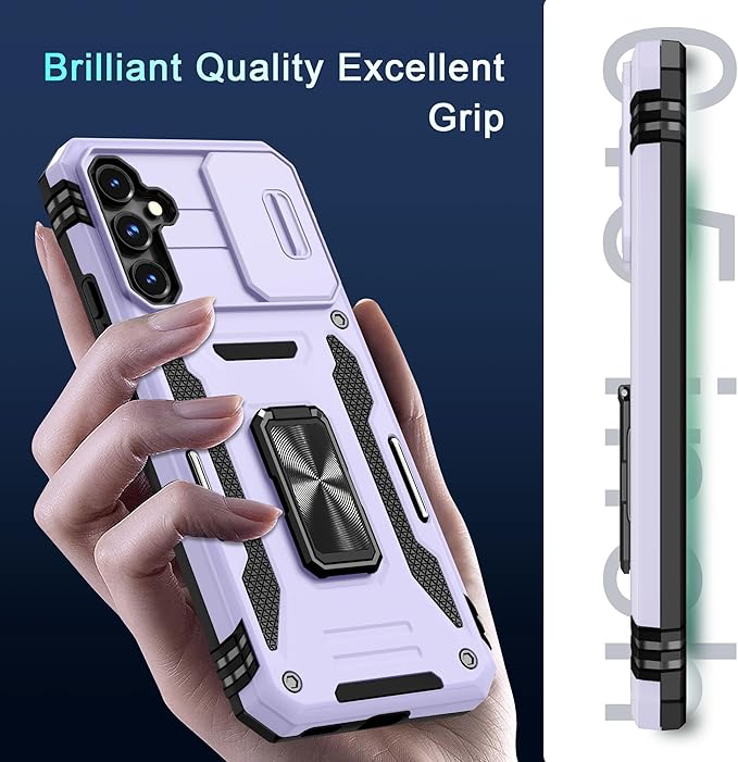 DEERLAMN Case for Samsung Galaxy S23 FE 6.4-Inch with Slide Camera Cover+Screen Protector(1 Pack),Rotated Ring Kickstand Military Grade Shockproof Protective Cover-Light Purple