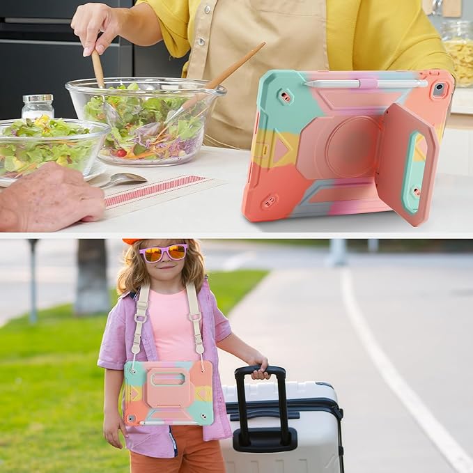 for iPad 9th/ 8th/ 7th Generation Case (iPad 10.2 inch Shockproof Case) with 360 Rotating Grip Magic Stand, Pencil Holder/Keychain/Carrying Shoulder Strap, for iPad 10.2 inch Girls (Colourful)