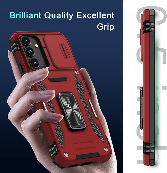 DEERLAMN Case for Samsung Galaxy S25 FE 6.7-Inch with Slide Camera Cover+Screen Protector(1 Pack), Rotated Ring Kickstand Military Grade Shockproof Protective Cover-Red