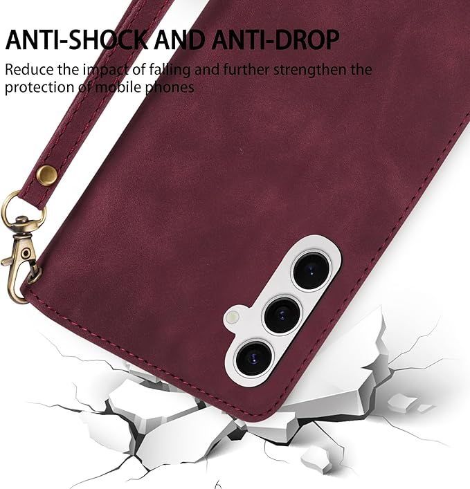 ZZXX for Samsung Galaxy S24 Wallet Case with RFID Blocking Card Slot PU Leather Zipper Flip Folio with Strap Kickstand Protective Cover for Samsung Galaxy S24 Case Wallet(Wine Red-6.2 inch)
